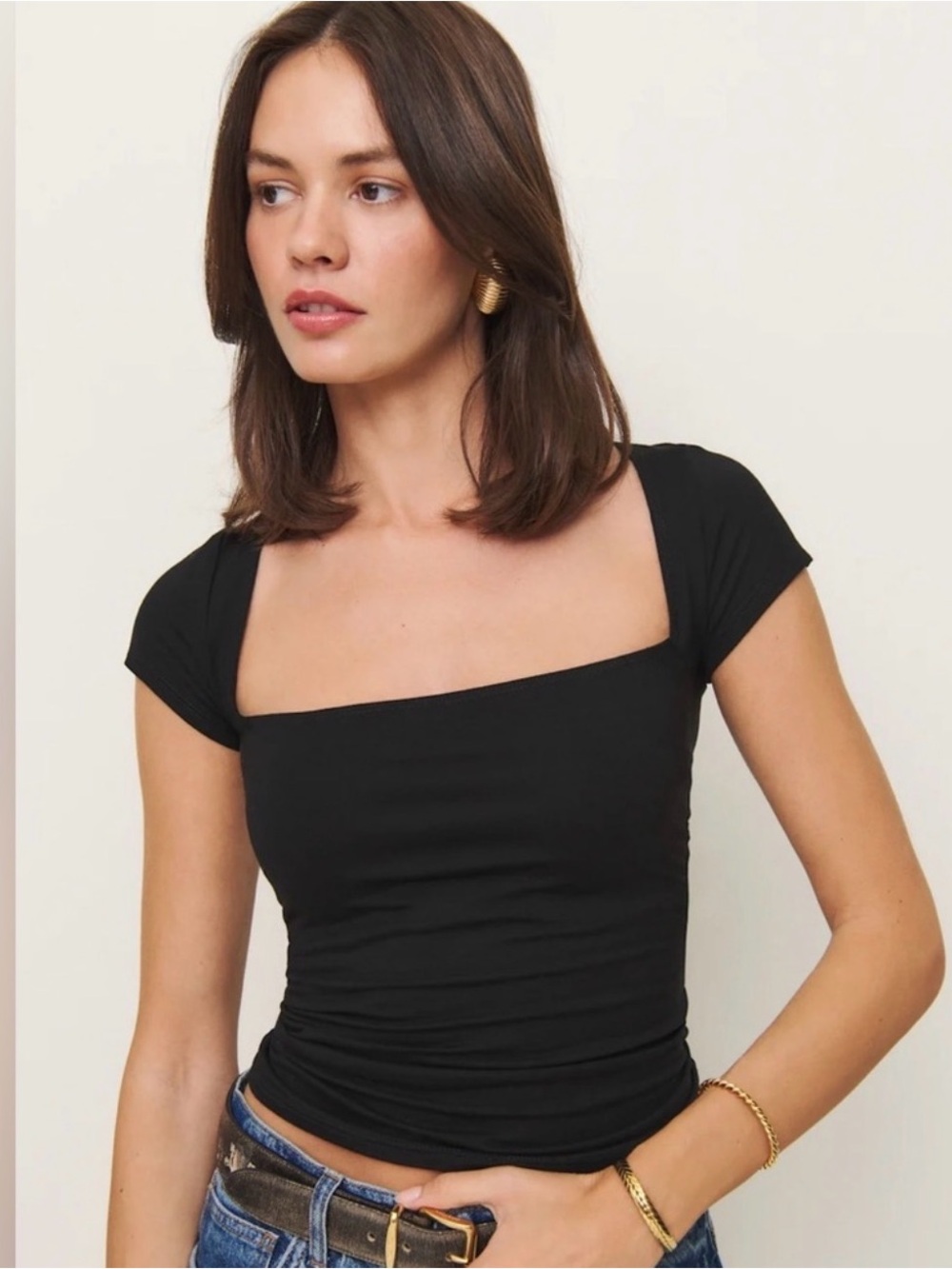 Reformation Black Square-Neck Cap Sleeve Crop Top